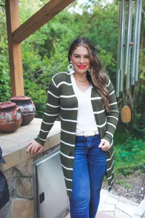Amber Lightweight Stripe Cardigan - Olive