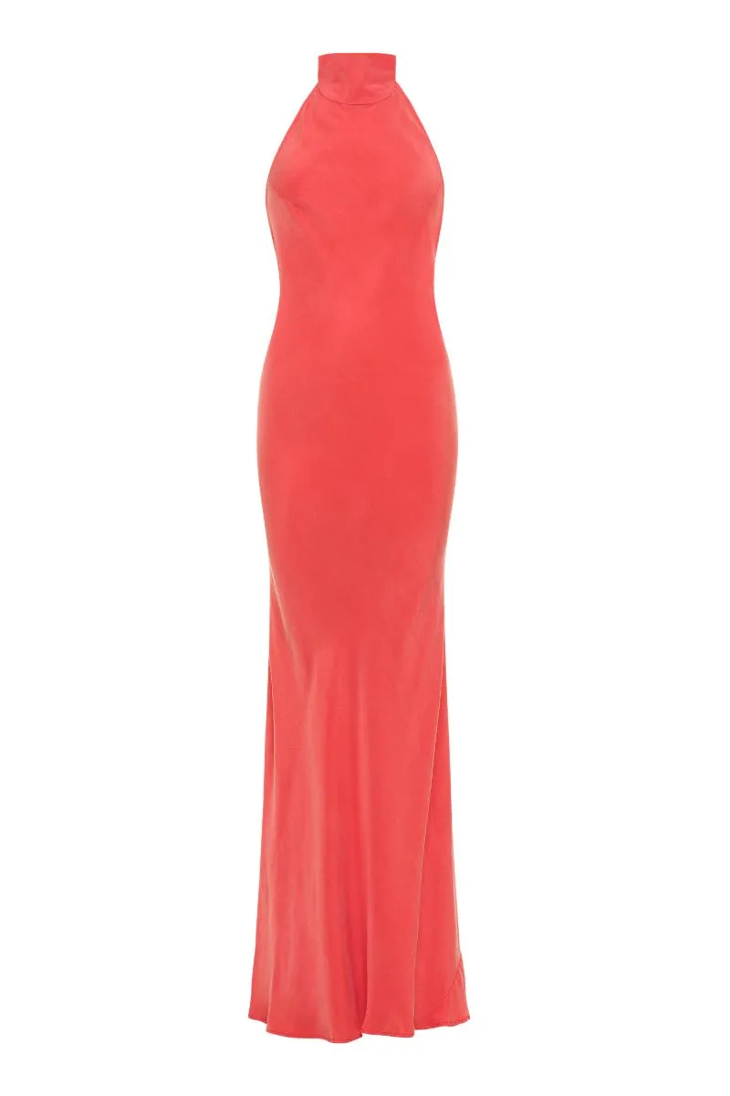 AQUAFLORA HALTER NECK SLIP DRESS IN CORAL