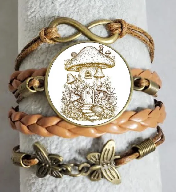 AZ1474 Brown Mushroom Leather Layered Bracelet