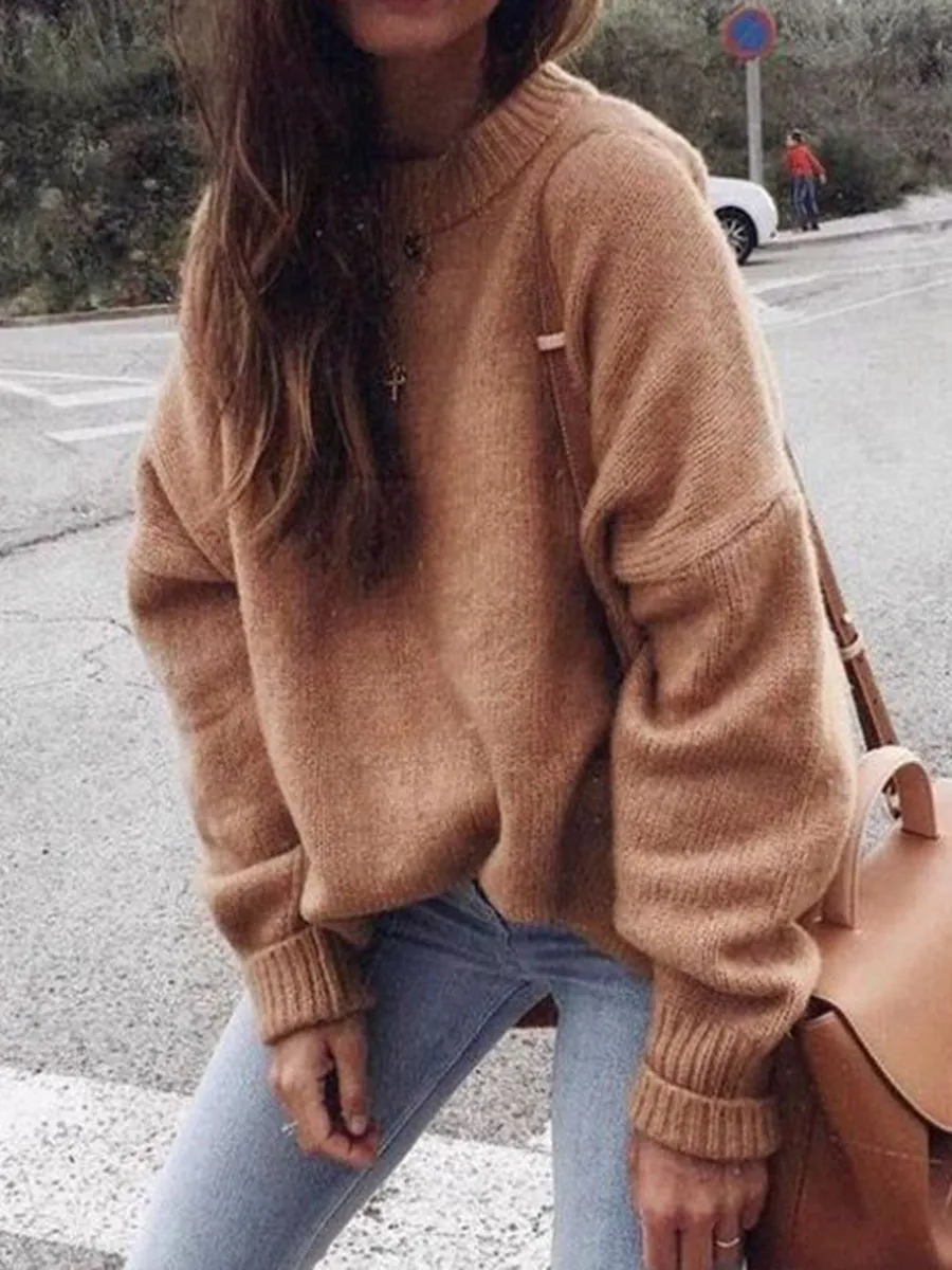 Fashion Casual Loose Round Neck Long Sleeve Solid Color Sweater
