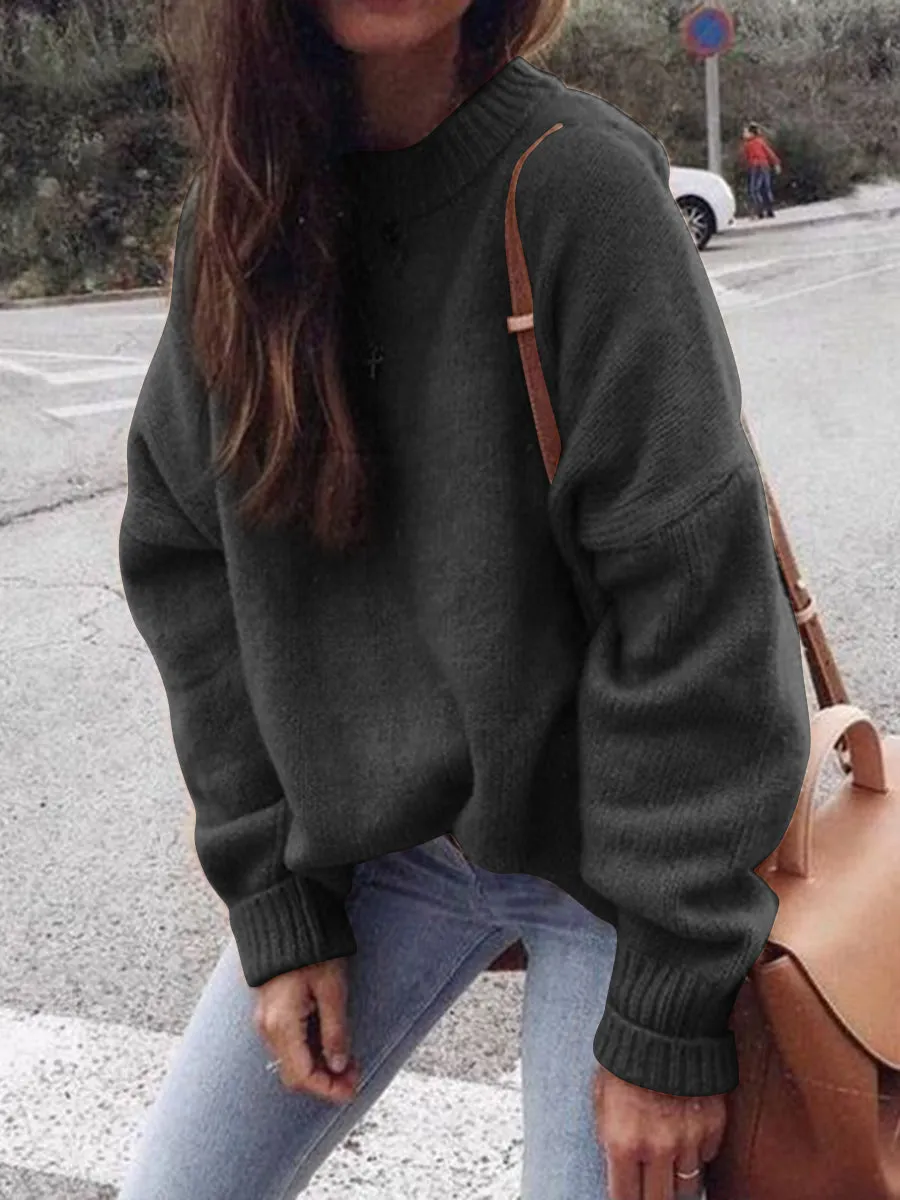 Fashion Casual Loose Round Neck Long Sleeve Solid Color Sweater