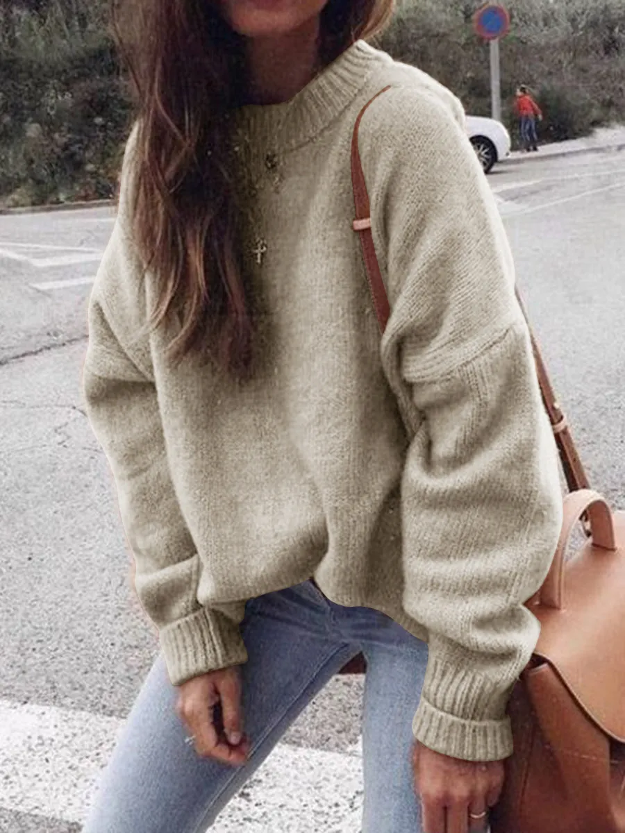 Fashion Casual Loose Round Neck Long Sleeve Solid Color Sweater