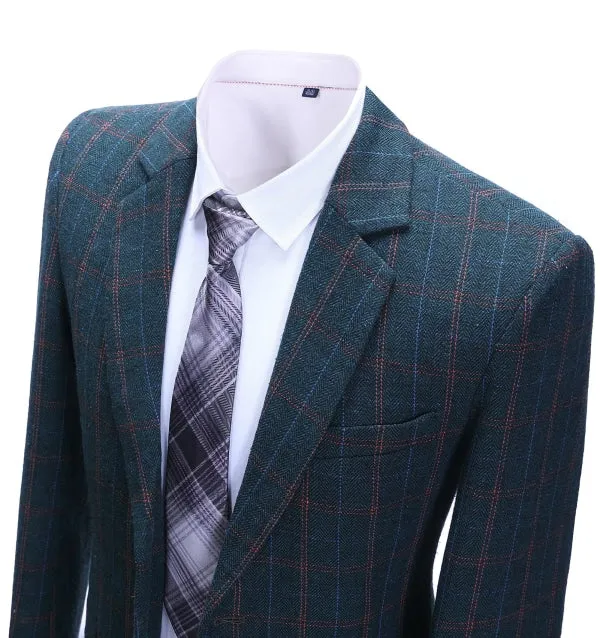 Men's Formal Plaid Notch Lapel Blazer Business Tweed Jacket