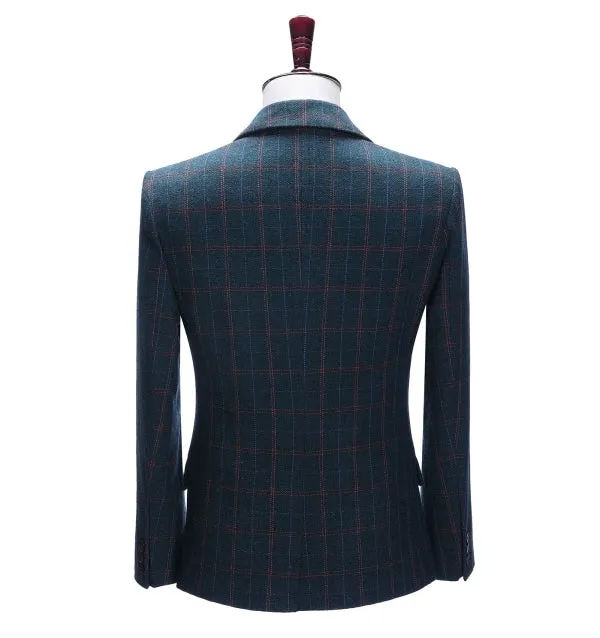 Men's Formal Plaid Notch Lapel Blazer Business Tweed Jacket