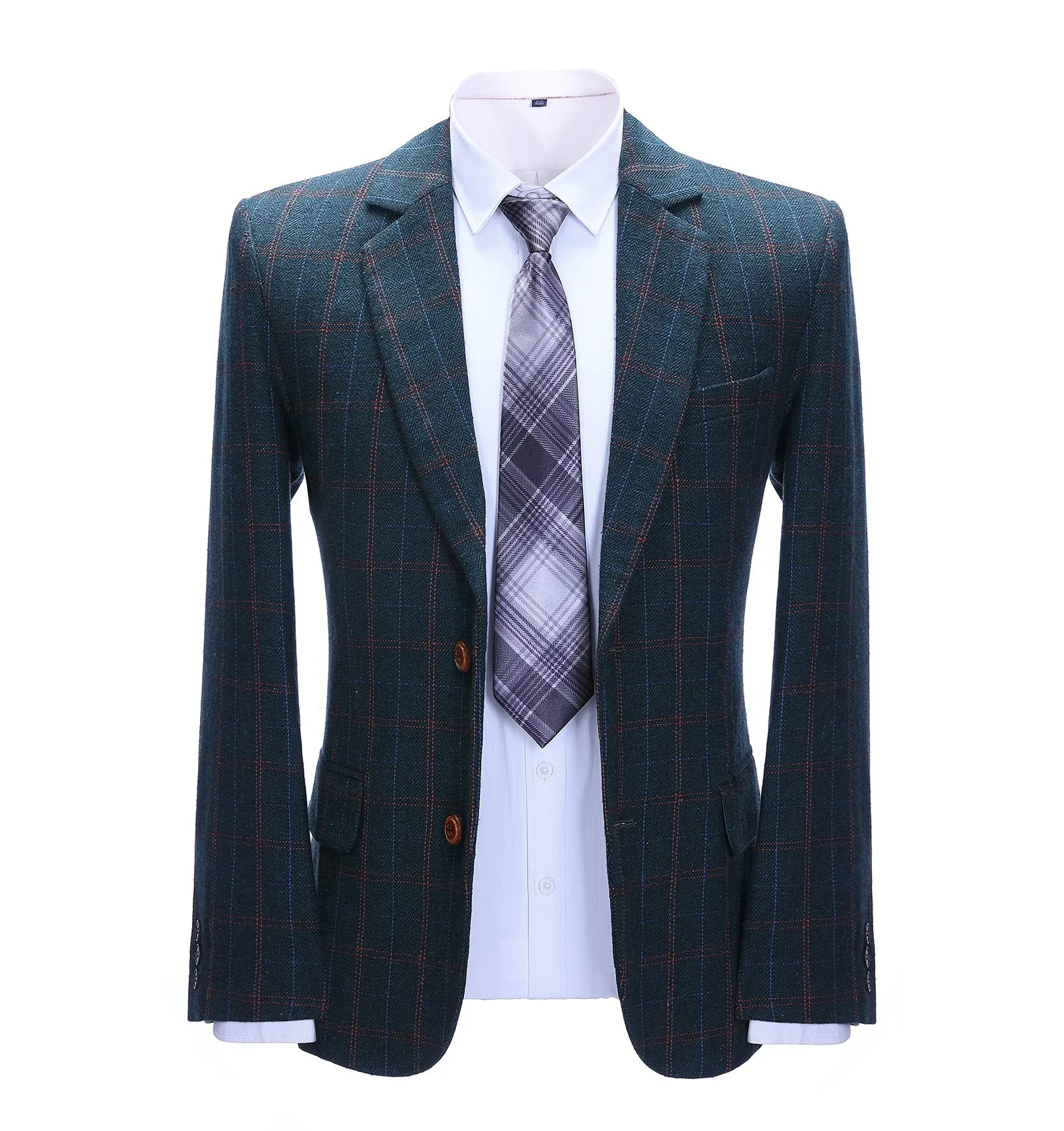 Men's Formal Plaid Notch Lapel Blazer Business Tweed Jacket