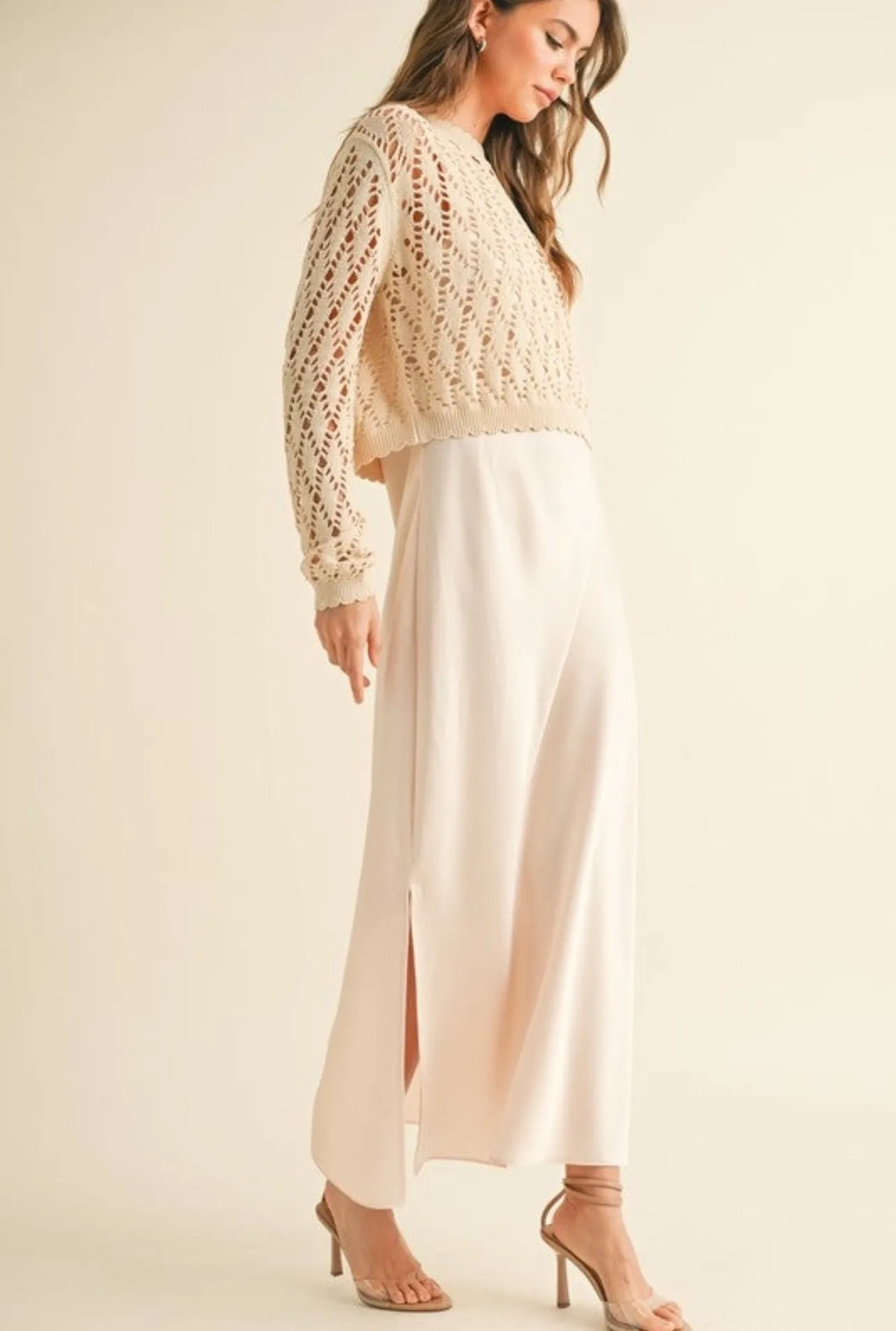 Satin Slip Dress with Crochet Knit Top