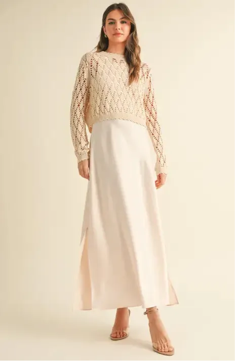 Satin Slip Dress with Crochet Knit Top