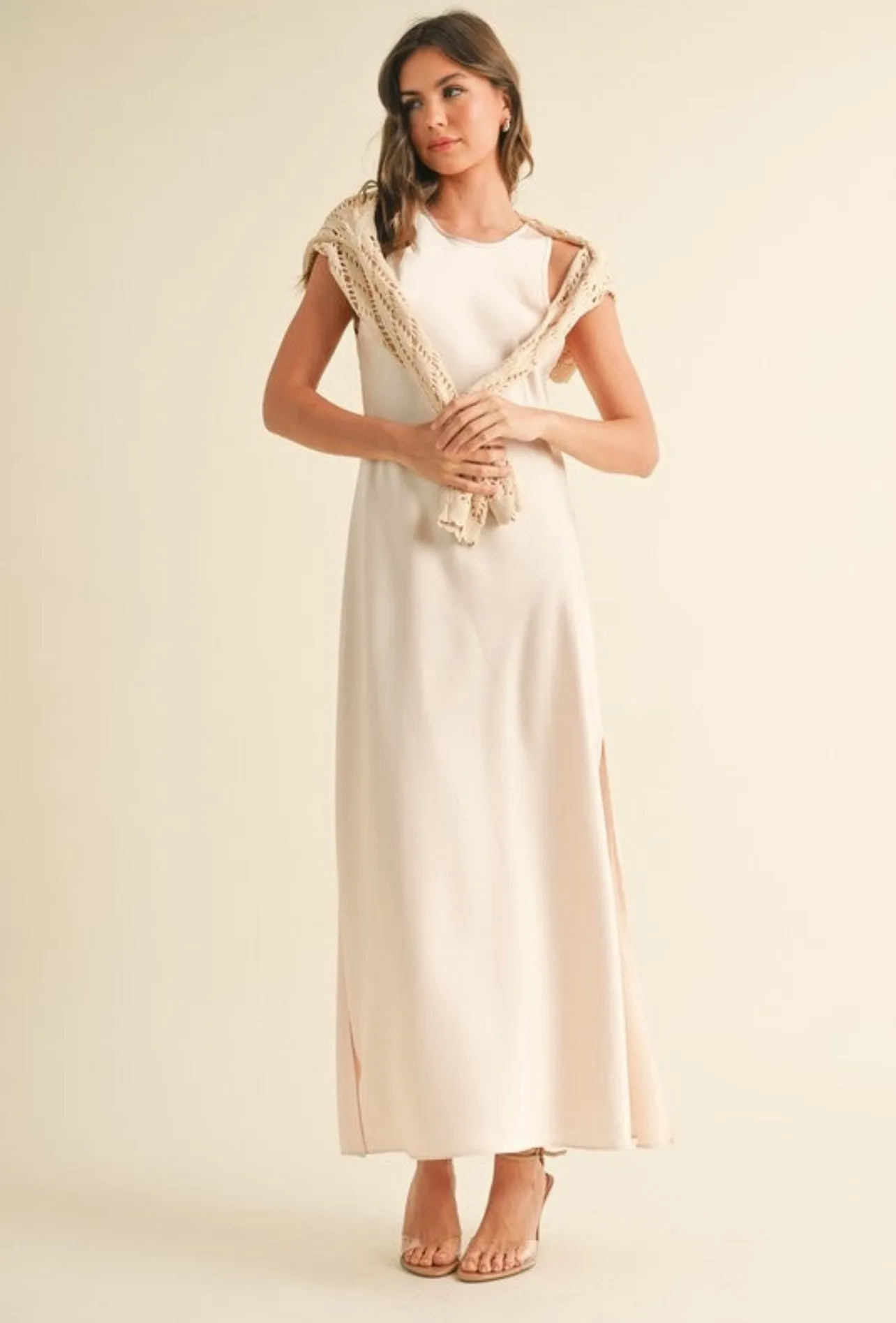 Satin Slip Dress with Crochet Knit Top