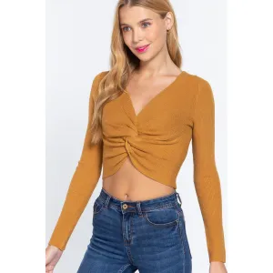 V-neck Front Knotted Crop Sweater